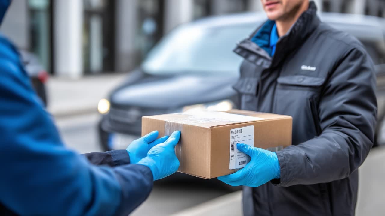 Delivery Scene Captured in Two Frames: A Package Transfer Between a Courier and Recipient with Focus on Professionalism and Care in an Urban Environment
