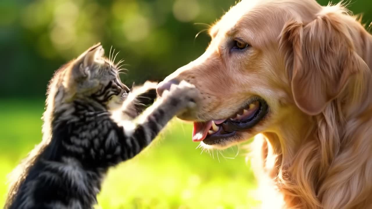 A playful kitten gently taps the nose of a friendly golden retriever in a vibrant garden filled with sunlight. Their interaction showcases a delightful bond between different animals.