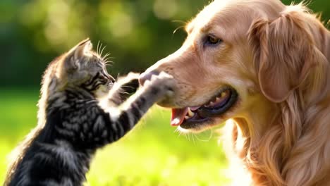 a playful kitten gently taps the nose of a friendly golden retriever in a vibrant garden filled with sunlight. their interaction showcases a delightful bond between different animals.