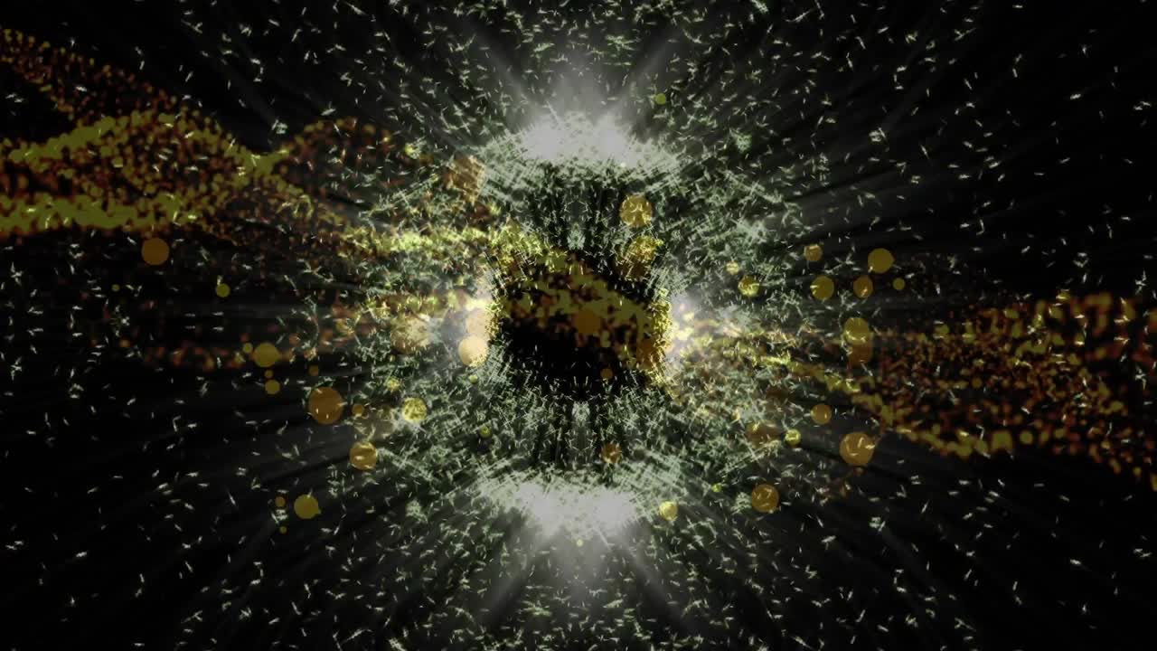 Animation of glowing white particles moving in circular motion over yellow dot landscape, on black