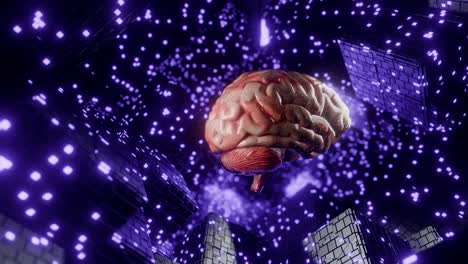 human brain floating in digital cyber space with glowing purple cubes and data particles. 3d render illustration. artificial intelligence and neural network concept. design for poster