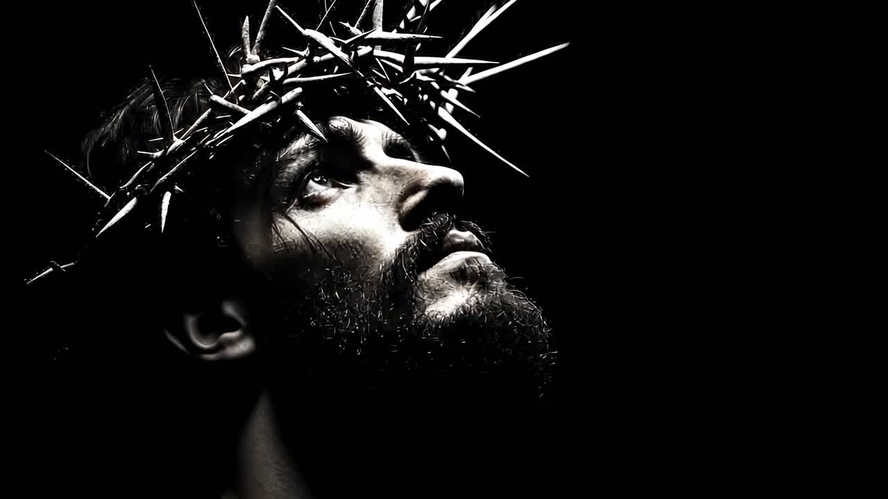 Dramatic black and white video concept featuring a low-angle shot of a man with a thorn crown