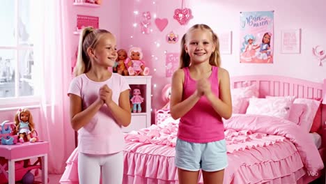two girls playing in a pink room