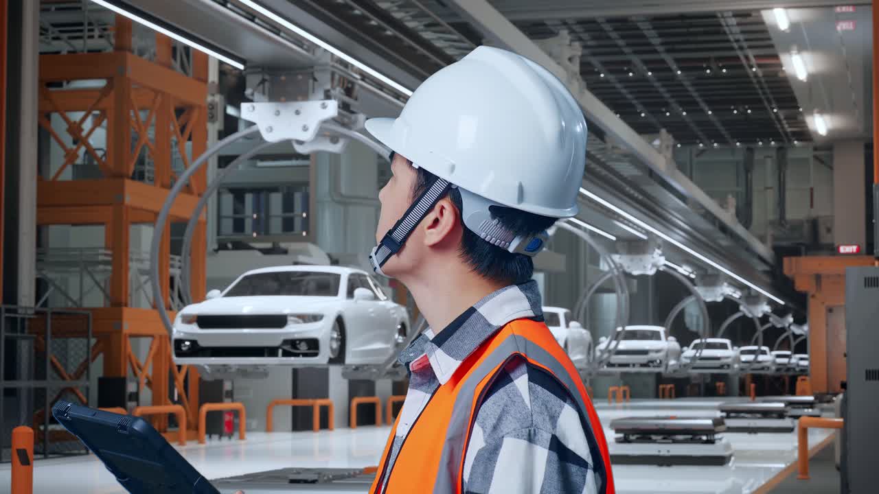 안전 헬을 착용한 아시아 남성 엔지니어가 손에 든 태블릿을 보고 ev 자동차 공장에서 서 있는 동안 주위를 둘러보고 있다.
