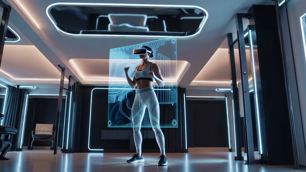 Woman exercising with virtual reality headset in futuristic gym