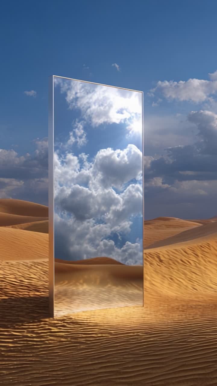 Uno Specchio Mozzafiato che Riflette le Nuvole in un Paesaggio Desertico Sotto un Cielo Blu, Completato da Sabbie Dorate e Drammatici Disegni di Nuvole, Una Vista Accattivante