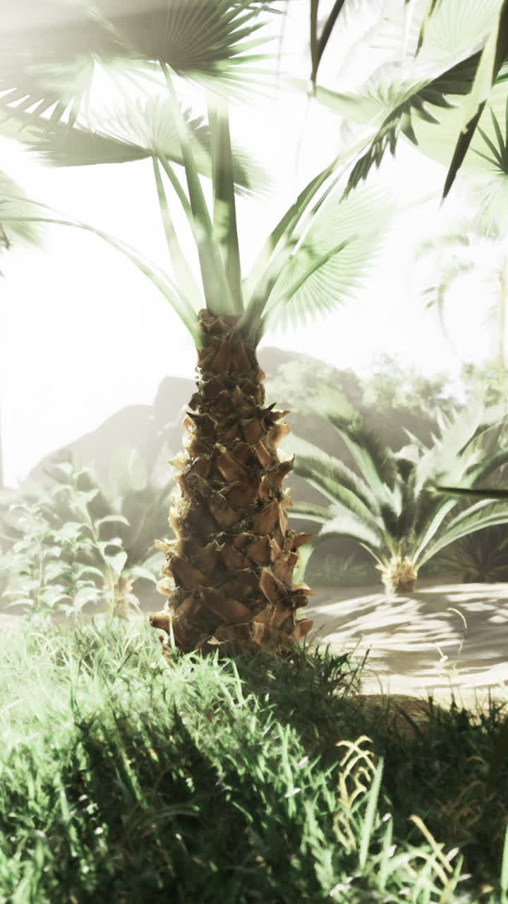 Serene tropical scene with light through palm fronds