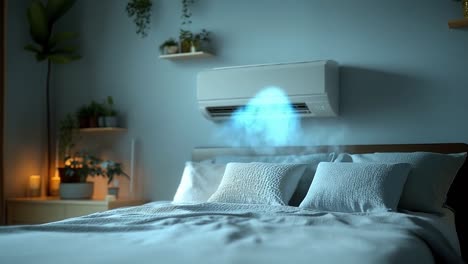 cozy bedroom with air conditioning unit. a calm bedroom boasts a comfy bed with soft pillows and cool air from the ac above.