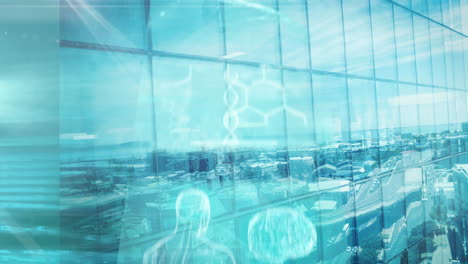 animation of medical data processing over modern building and cityscape