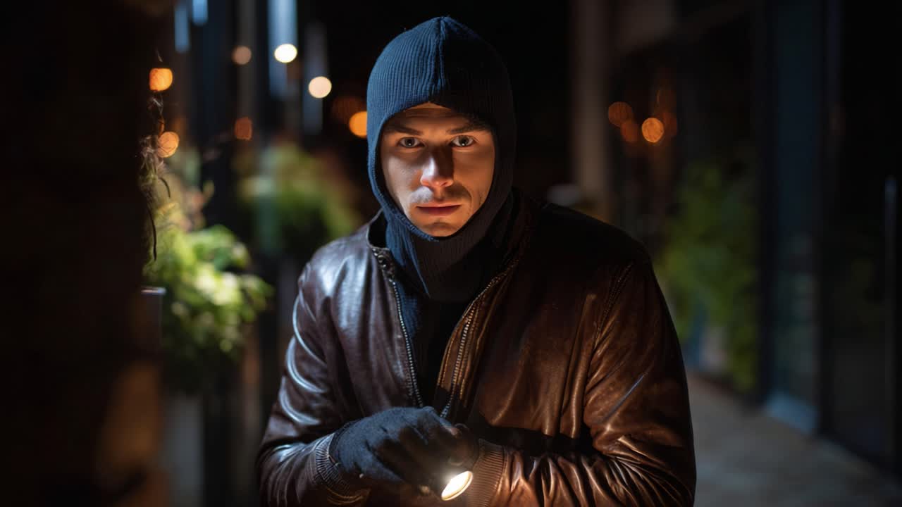 En mystisk figur i mørke omgivelser, iført en hættejakke og med en lommelygte i hånden, udstråler en aura af mystik og spænding i nattestemningen.
