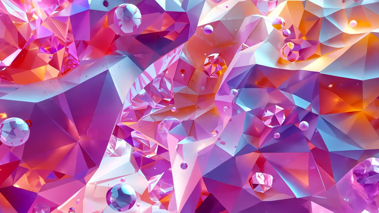 Camera panning revealing crystal planes rotating, transparent spheres drifting and revealing hues