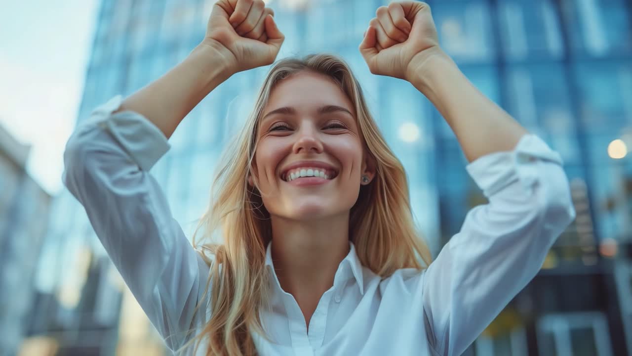 Successful woman celebrating in the city