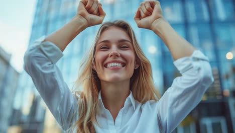 successful woman celebrating in the city