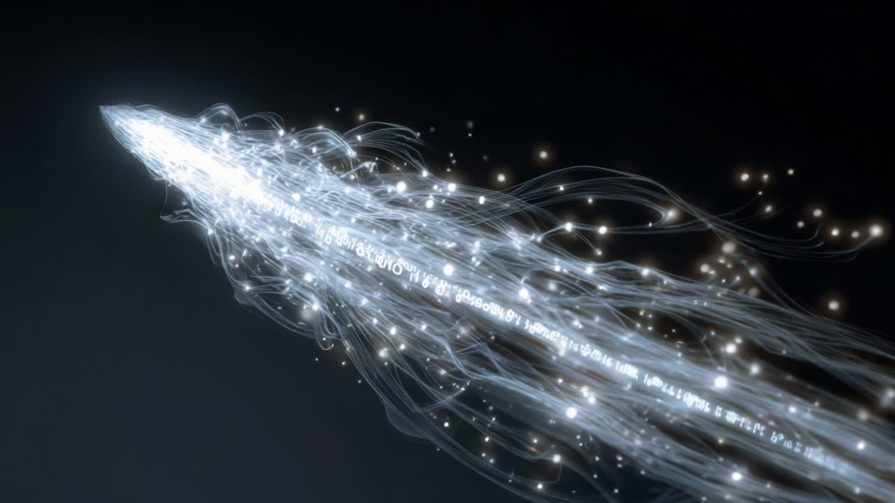 Abstrakt koncept med glødende fiberoptiske kabler, der transmitterer strømme af digital information gennem et netværk og symboliserer den høje hastighed for big data-overførsel og moderne kommunikationsteknologi.