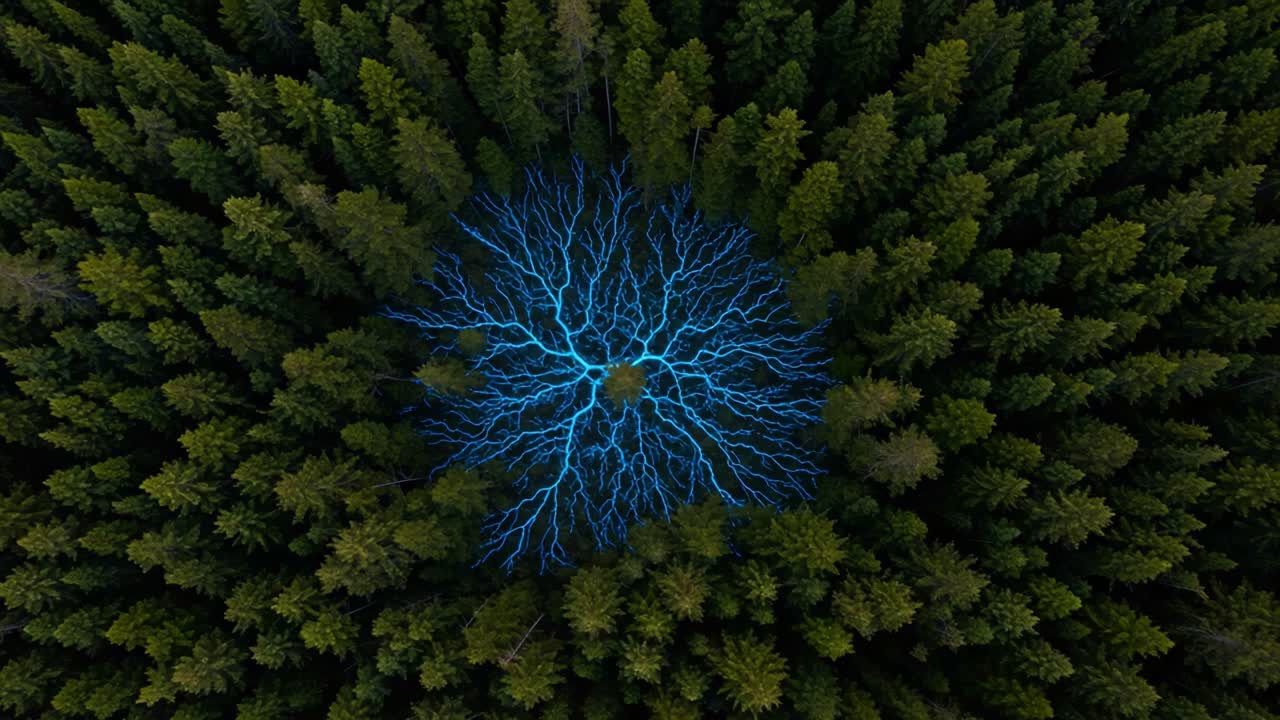 Aerial View of a Forest with Electric Blue Energy Patterns Radiating from the Center, Surrounded by Lush Green Trees in Nature
