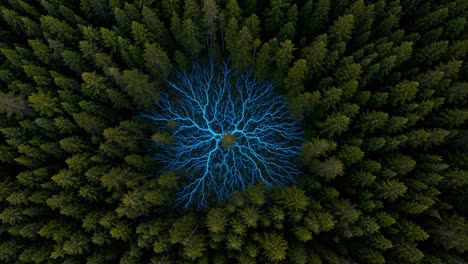 aerial view of a forest with electric blue energy patterns radiating from the center, surrounded by lush green trees in nature