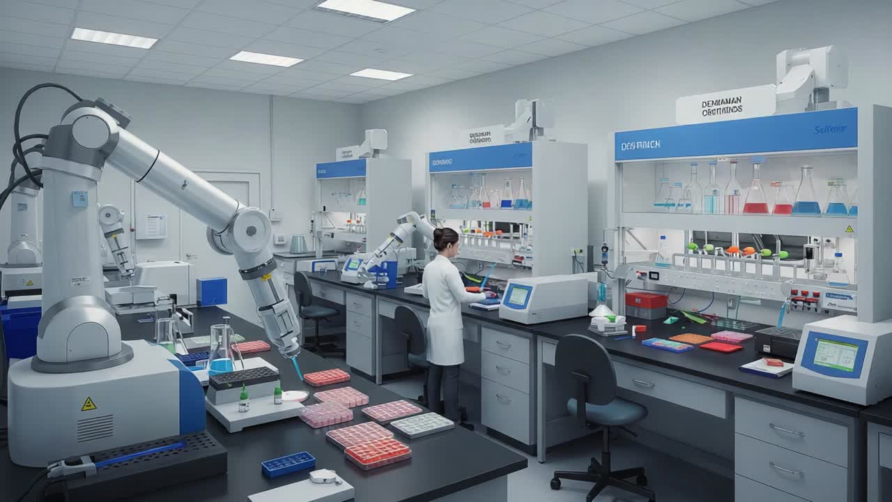 Innovative Laboratory Automation and Robotics in a Modern Research Facility Depicting Advanced Scientific Processes and Precise Experimentation Techniques