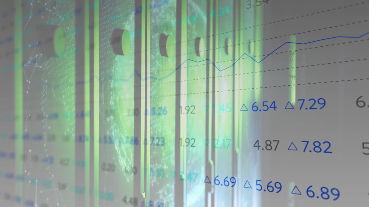 Displaying neon-green 3D data bars rising against grey backdrop, showing globe and network metrics