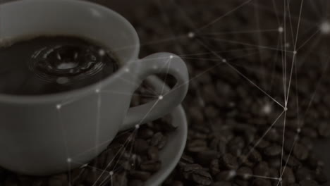 white ceramic coffee cup resting on bed of beans while network lines glowing overlaying surface