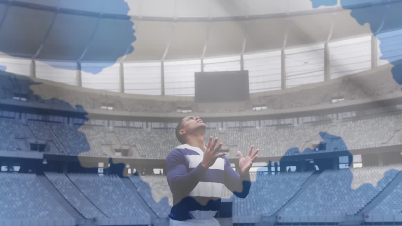 남극 발이 공을 잡는 남성 럭비 선수 위에 흔들리는 애니메이션