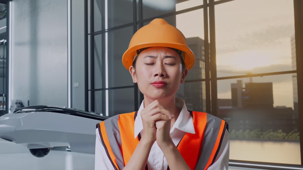 현대적 인 사무실 에서 기도 하는 건설 노동자