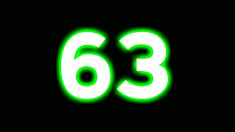 neon number 63 sixty three sign symbol modern animation motion graphics flicking on black background,green color glowing and shining for video elements