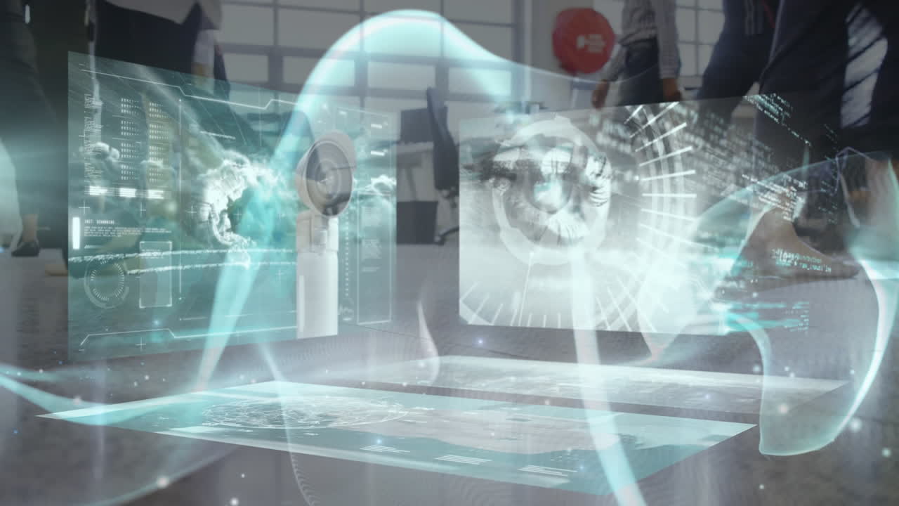 빠른 동작으로 걸어가는 보행자 위의 화면에서 데이터 처리의 애니메이션