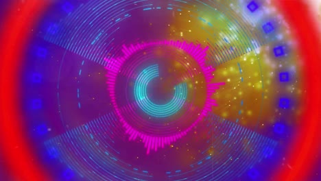 Animation-Von-Bunten-Kreisen-Und-Formen-über-Hellen-Flecken-Auf-Violettem-Hintergrund