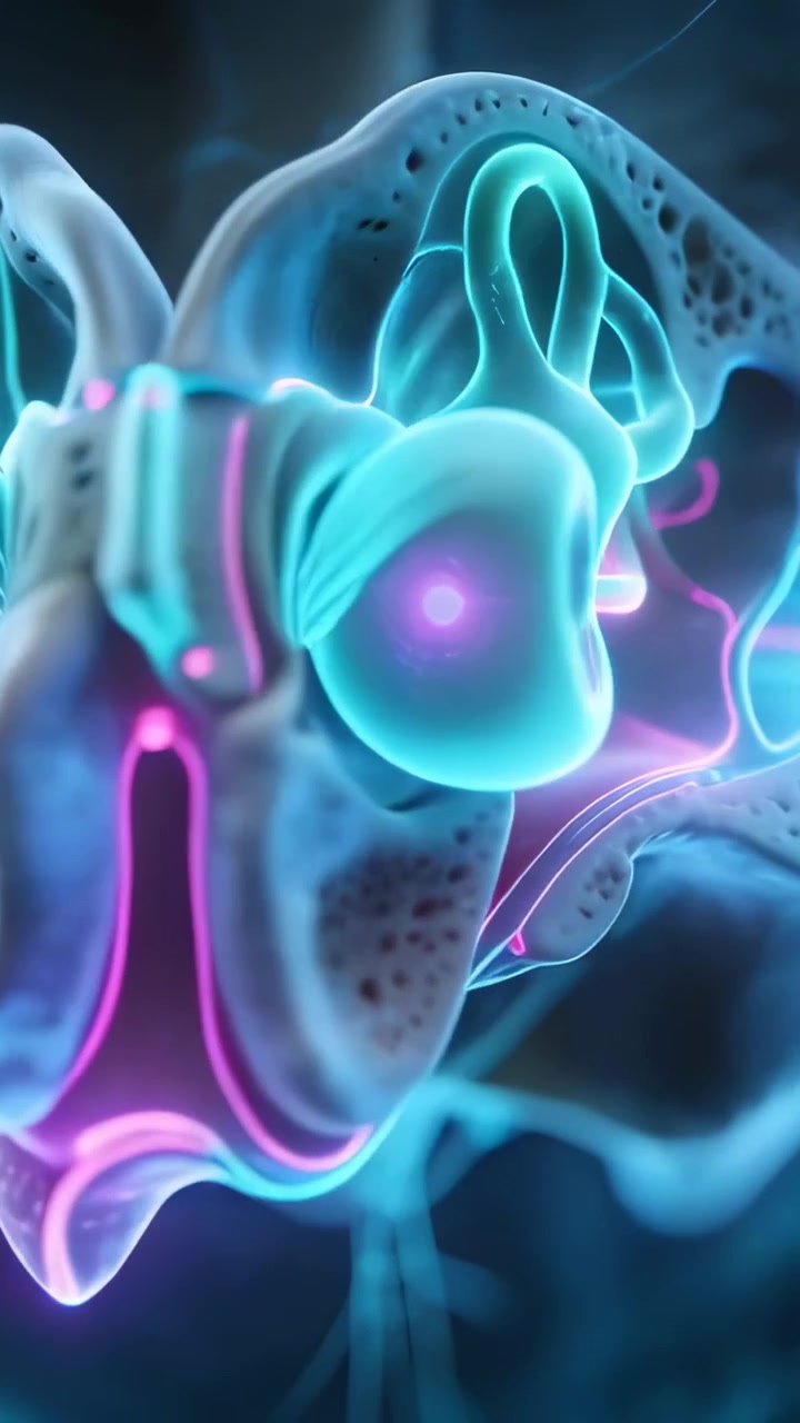 Vertical video: Pulsing light driving glowing organ through neon tube in labyrinth, showing links