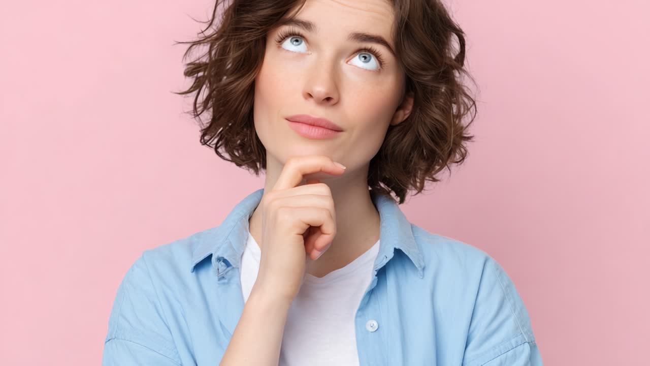 Contemplazione e Curiosità: Una giovane donna riflette profondamente su uno sfondo rosa tenue, esprimendo meraviglia e immaginazione con un'espressione pensierosa.