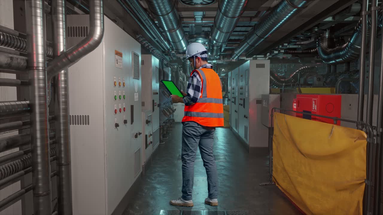 Full Body Back View Of Asian Male Engineer With Safety Helmet Working On A Green Screen Tablet And Looking Around While Standing In Engine Control Room, Work Of Electrical Generators