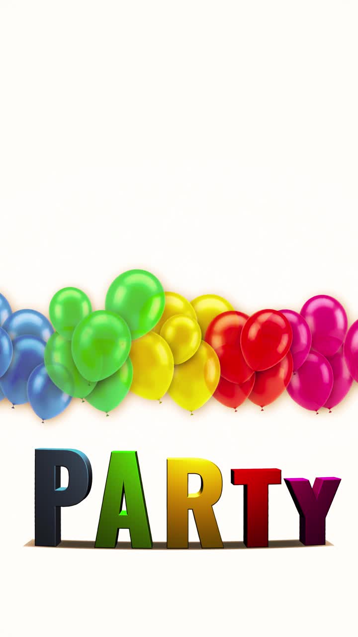 Vibrant 3D "PARTY" text animation with a bunch of colorful balloons floating behind it. High-quality seamless loop on a clean background, perfect for festive events, birthdays background