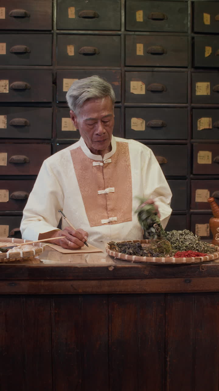 Vertical of Asian Senior Phytotherapist Checking Herbs at Pharmacy