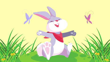 feliz tarjeta de pascua con conejo lindo y mariposas en el campamento
