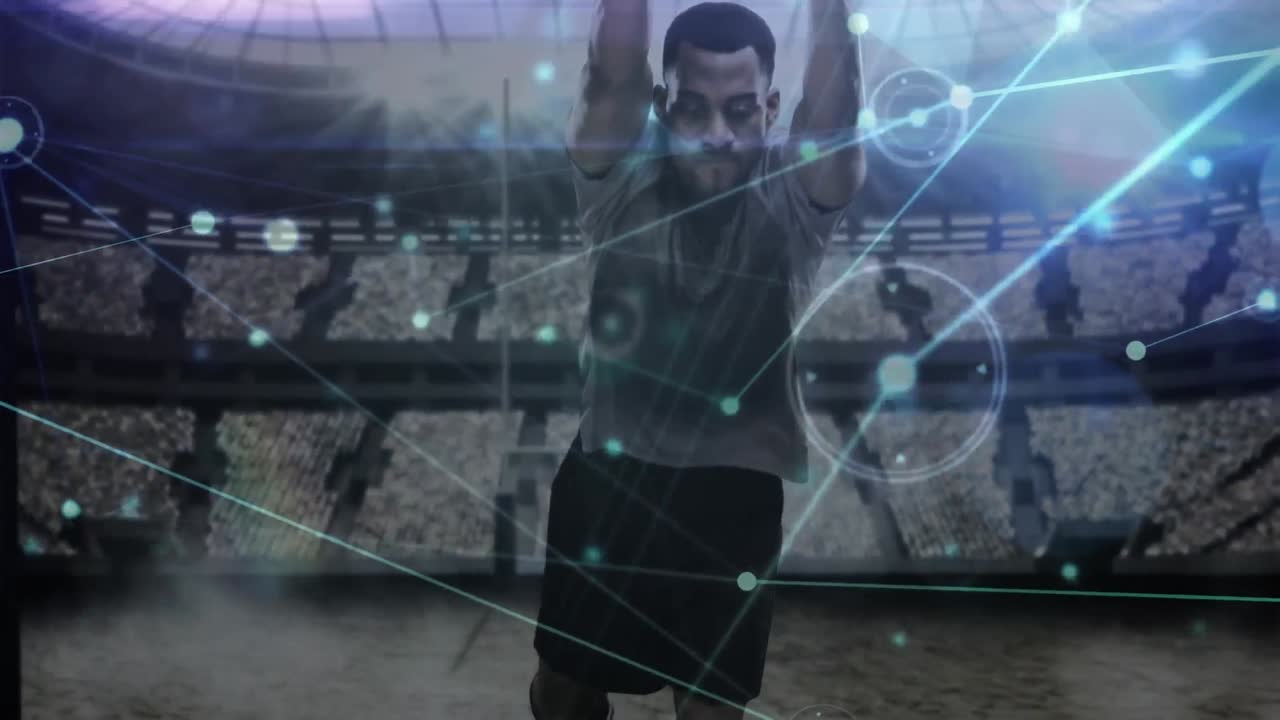 animación de procesamiento de datos y jugadores de rugby sobre el estadio deportivo