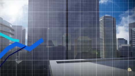 Animation-of-graphs-moving-over-grid-network-against-tall-buildings