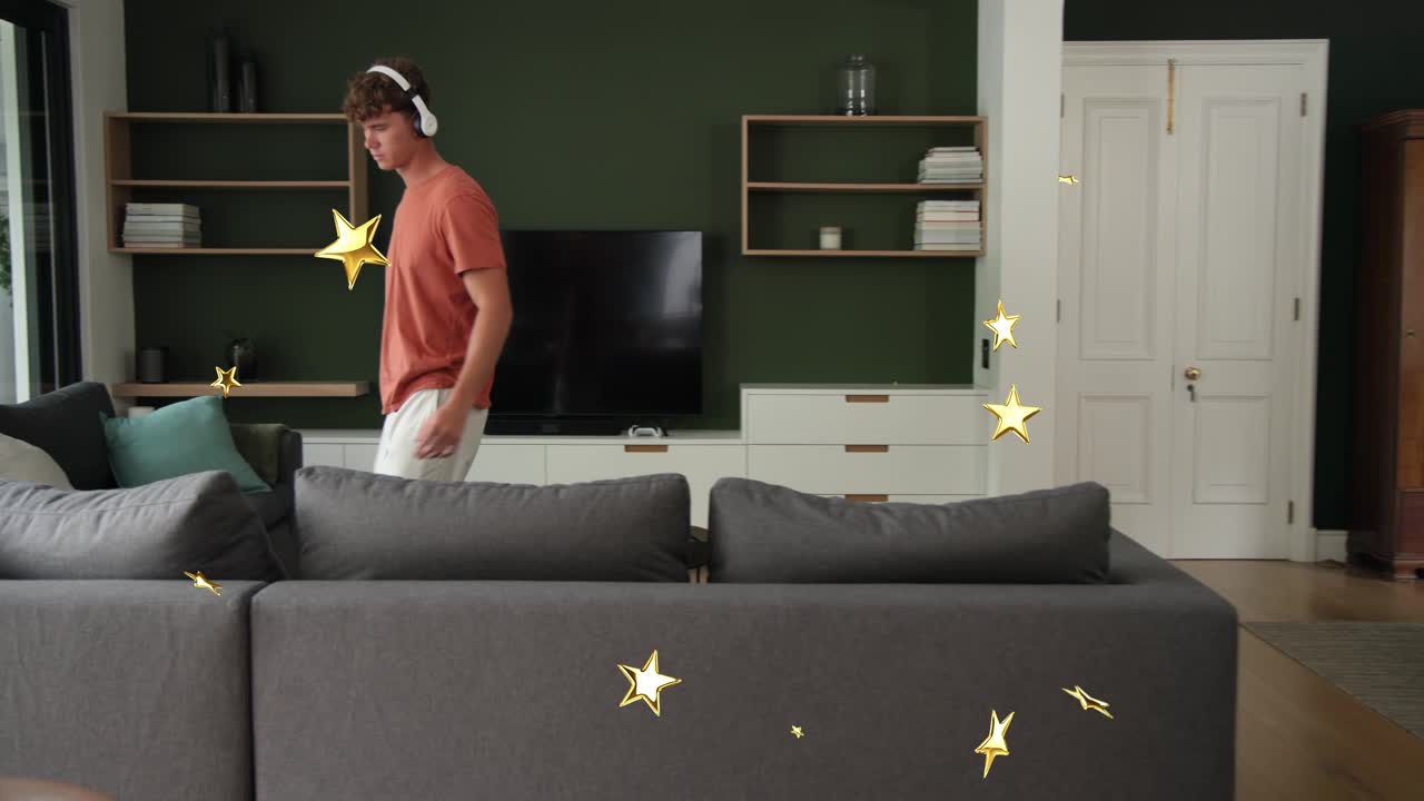 Adult man hearing music entering crossing sofa reaching TV exiting golden stars floating around