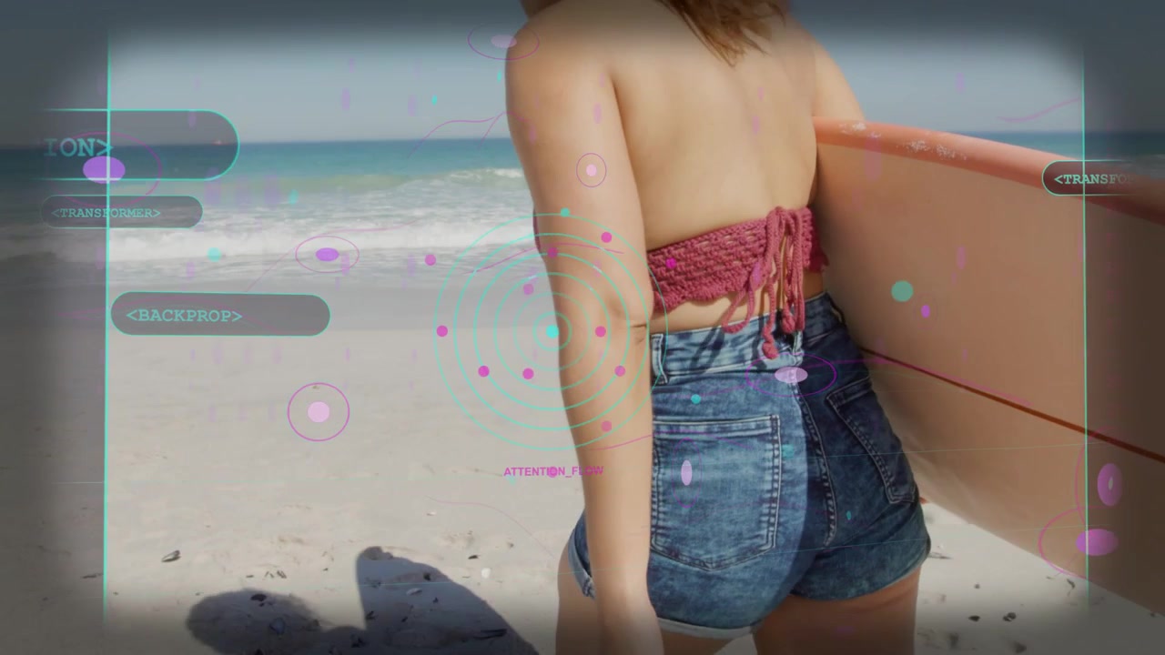 Donna che cammina sulla riva tenendo una tavola, la telecamera la segue, un overlay AR inizia all'altezza dell'anca mentre si dirige verso il surf.