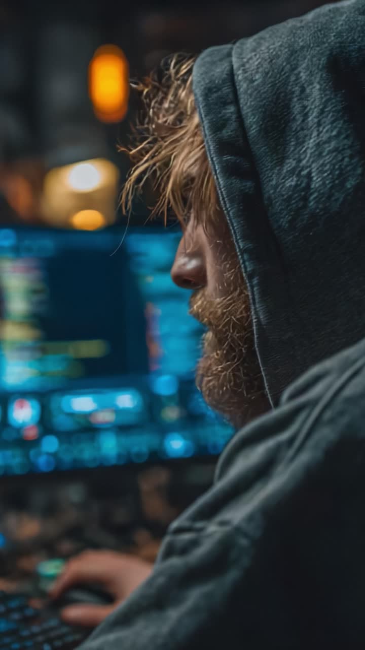 Persona concentrata intenta a programmare e codificare mentre indossa una felpa con cappuccio, circondata da schermi di computer e una luce ambientale soffusa