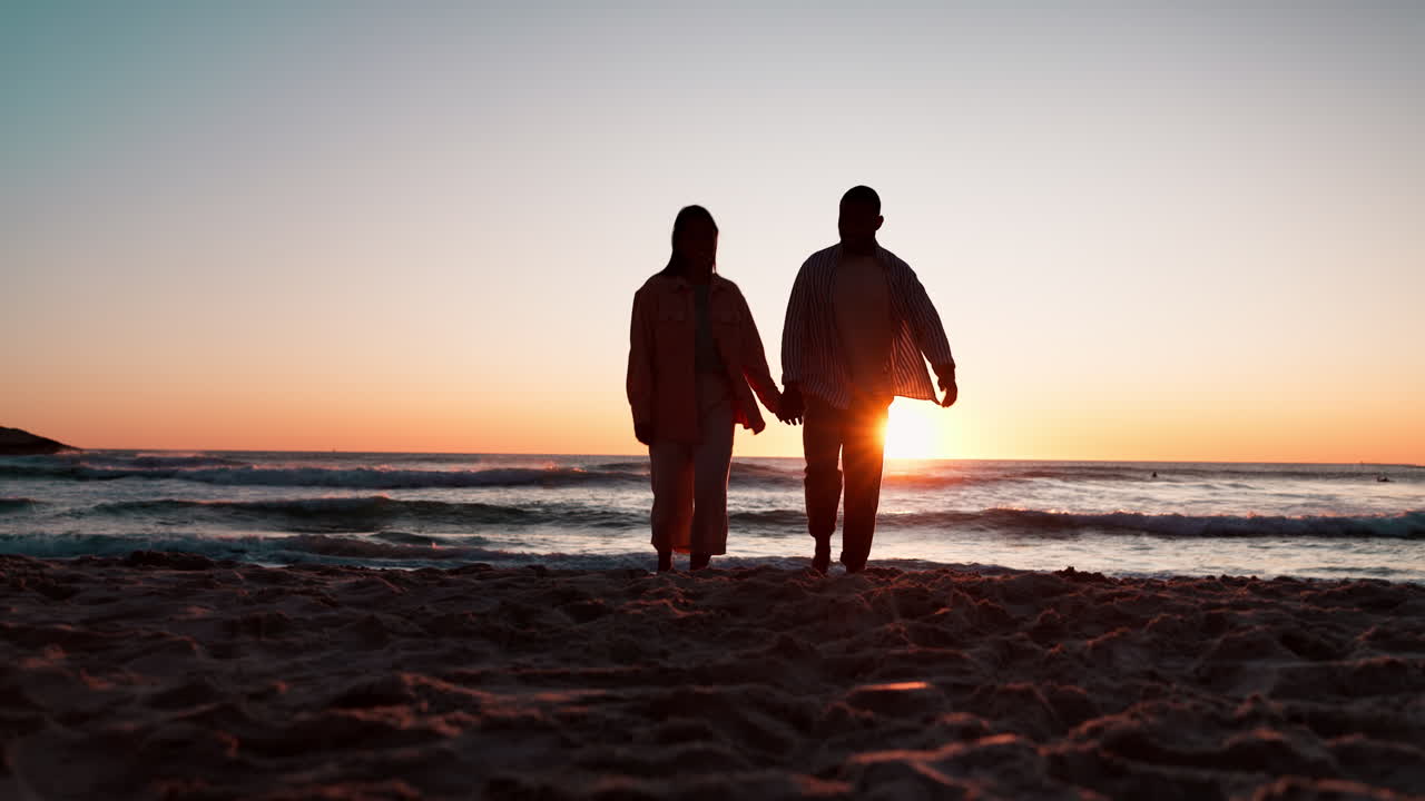 Travel, holding hands and sunset with couple