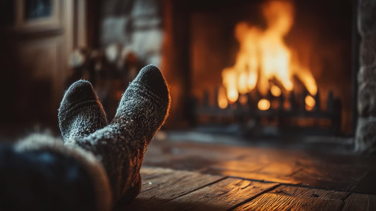 Cozy Moments by the Fire: Relaxing with Warm Socks and the Soft Glow of a Fireplace
