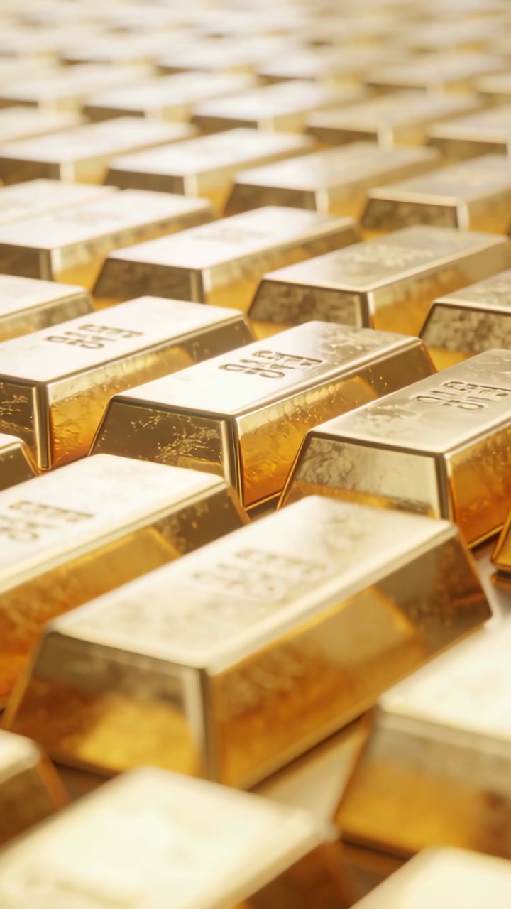 Vertical video: Panning camera revealing gold bars on tray shifting focus to center, showing stamps