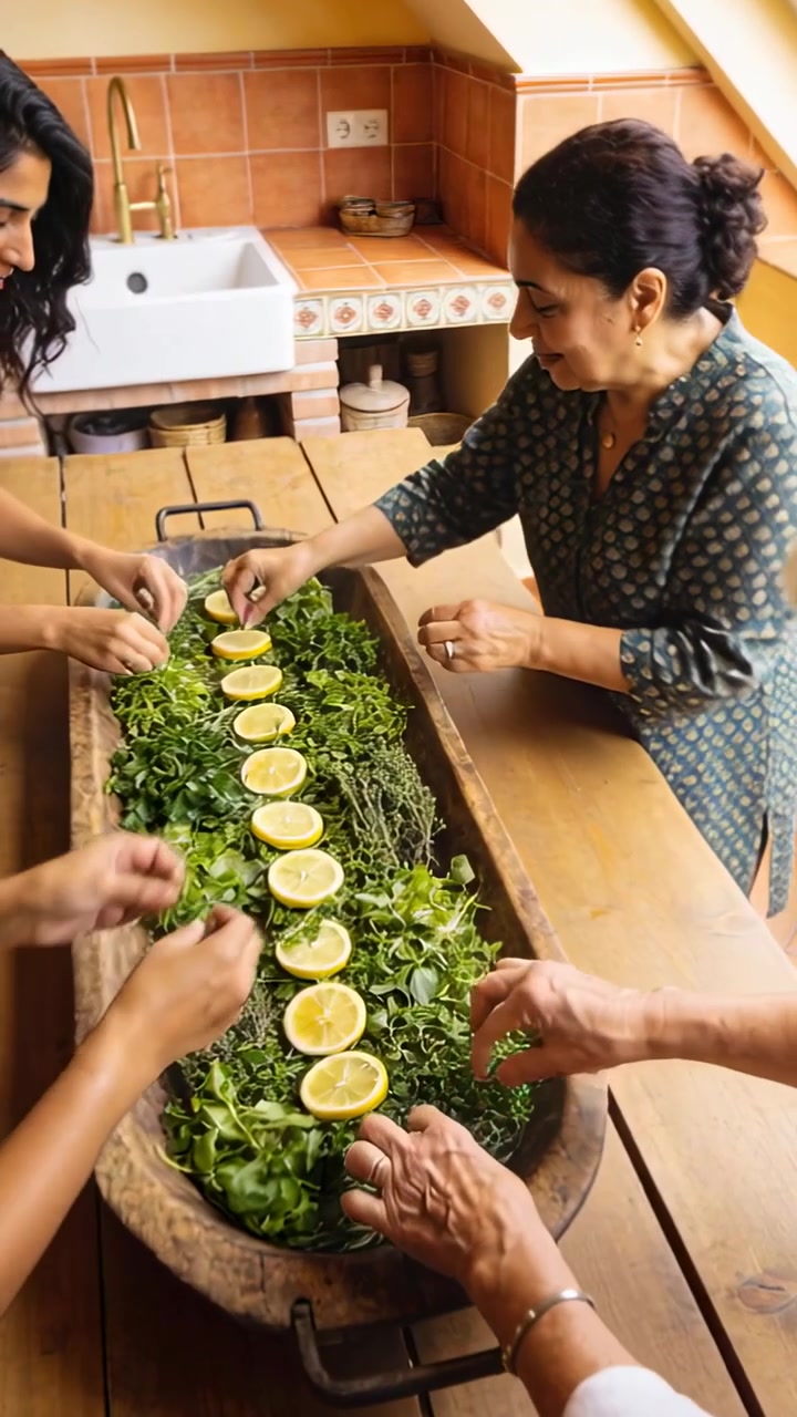 Vertical video: Hands reaching woman in green top arranging herbs lemons on kitchen trough for meal
