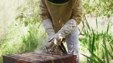 Kaukasischer-Männlicher-Imker-In-Schutzkleidung,-Der-Einen-Raucher-Verwendet,-Um-Bienen-In-Einem-Bienenstock-Zu-Beruhigen