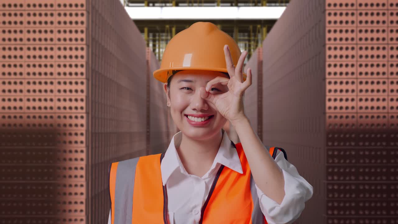 Close Up Of Asian Female Engineer With Safety Helmet Showing Ok Hand Sign Over Eye And Smiling To Camera While Standing With Red Brick Packed in Stacks Are Stored