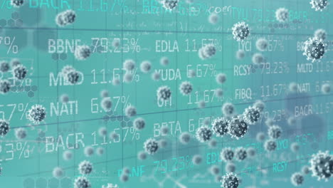 digital composite video of covid-19 cells moving against stock market data processing in background