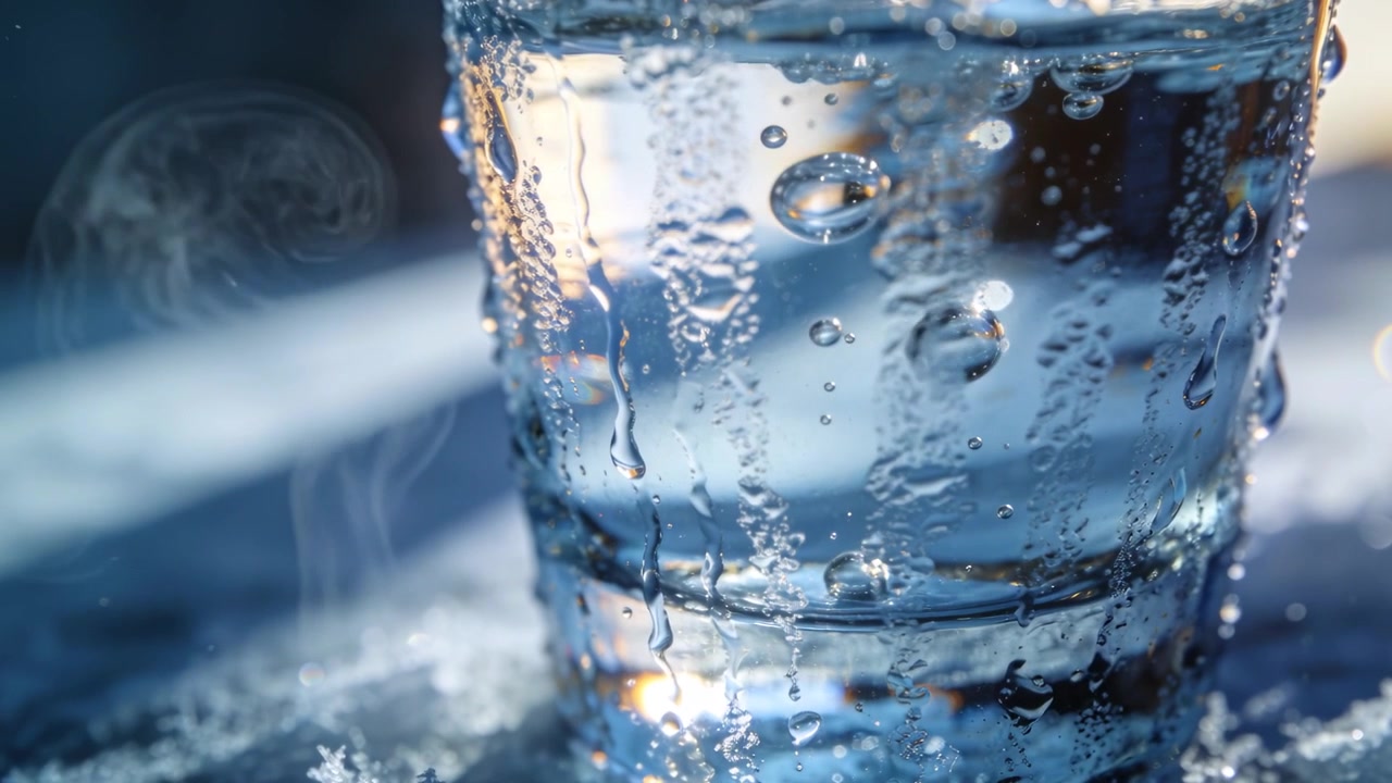 Verre transparent bouillonnant sur une surface givrée, la lumière du soleil réchauffant le verre et des gouttelettes s'écoulant.