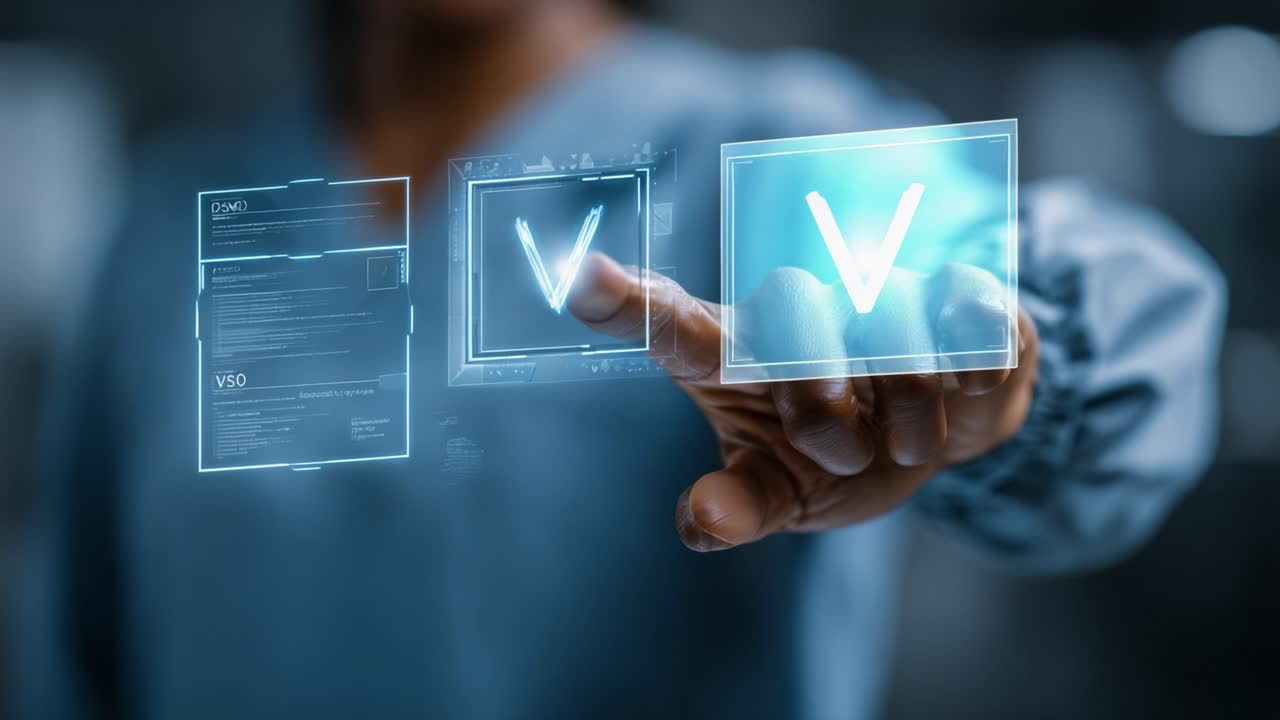 Interazione con interfaccia futuristica: Un primo piano di un utente che interagisce con un display olografico e tecnologia di realtà virtuale per una visualizzazione e un controllo dei dati migliorati