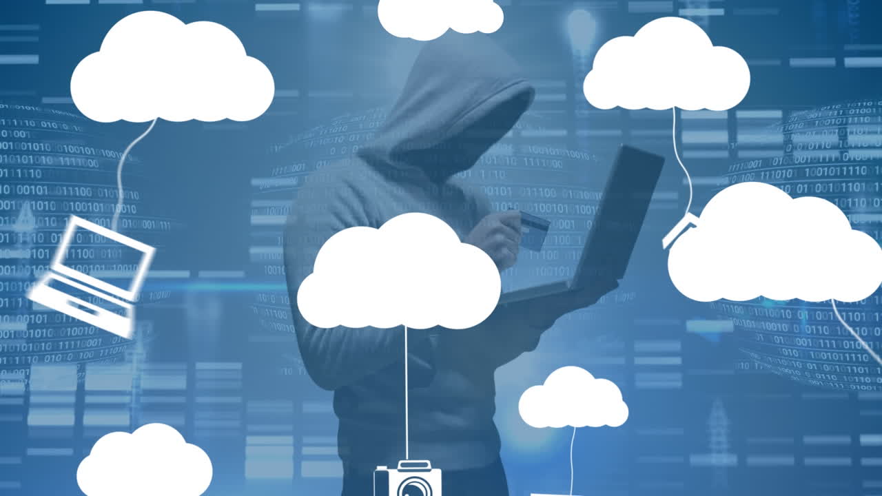 animación de nubes con iconos sobre hacker usando computadora portátil y columnas móviles