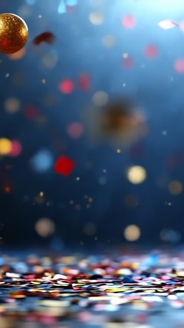 Colorful party confetti and decor. Colorful confetti and golden balls cascade onto a shiny surface, creating a festive celebration atmosphere.